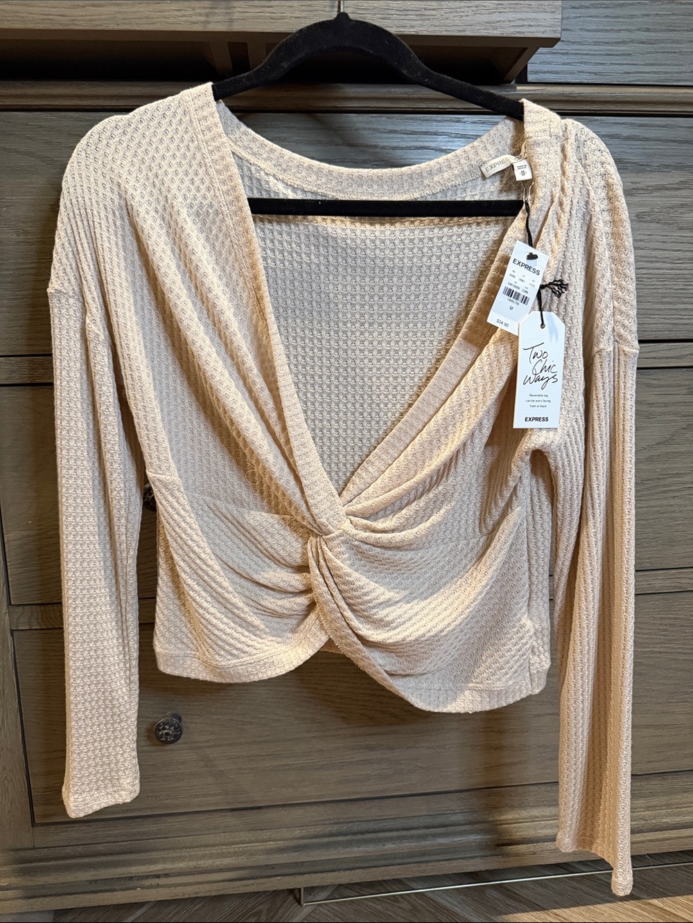Express Beige Twist-Front Waffle Knit Long Sleeve Top